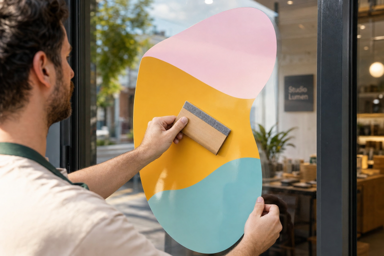Autocollant vinyle sur mesure : matières, découpe et pose