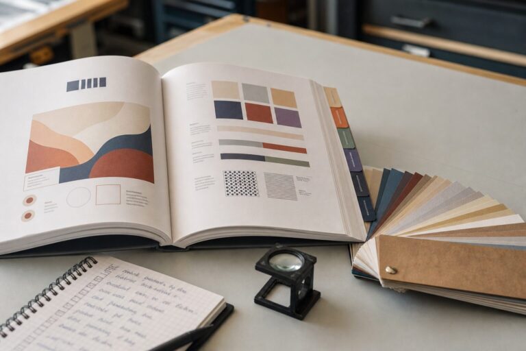 Guide papier ouvert avec nuancier et compte-fils sur une table d atelier — conseils et guides BDX Print