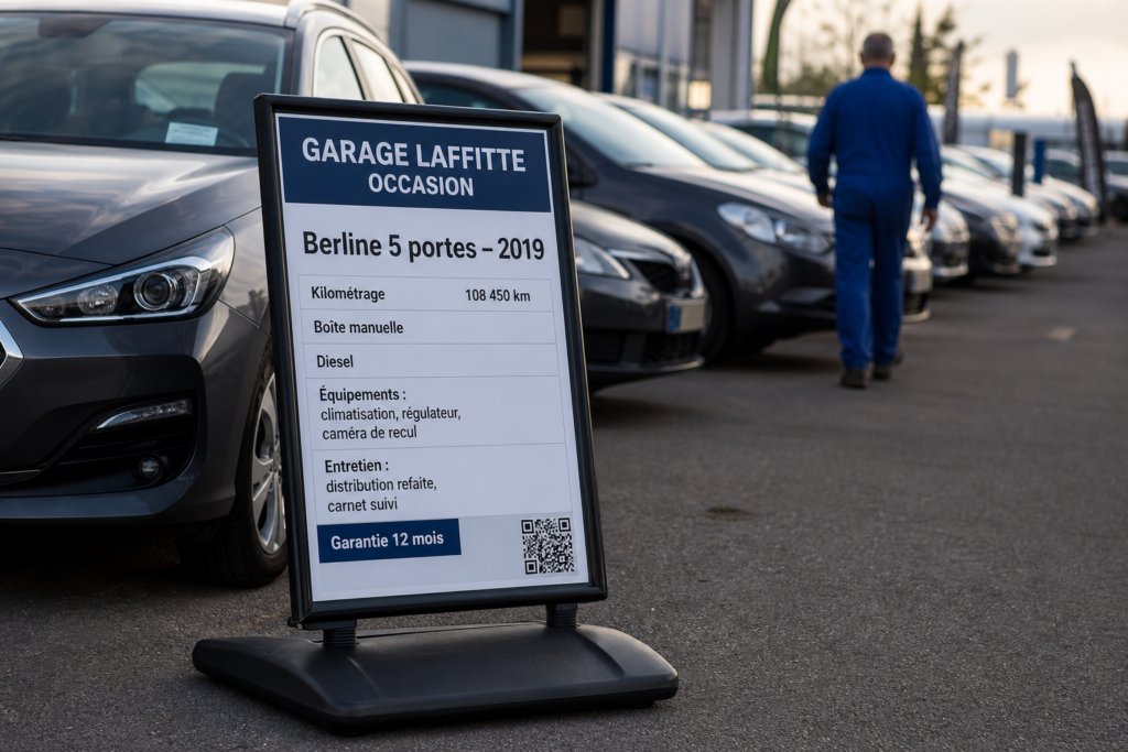 Fiche véhicule occasion chevalet : la fiche technique posée devant la voiture