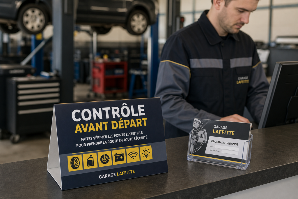 PLV comptoir garage : vendre la révision pendant que le client attend sa facture