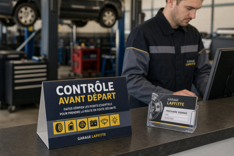 PLV comptoir garage : vendre la révision pendant que le client attend sa facture