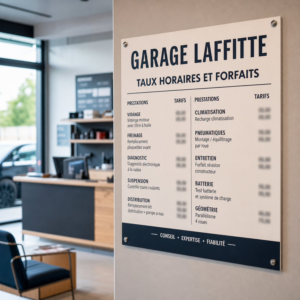 Panneau d'affichage des taux horaires et forfaits