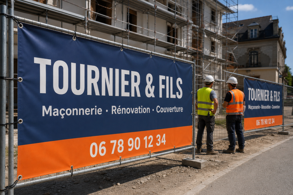 Bâche pour barrière de chantier : fixation, œillets et prise au vent