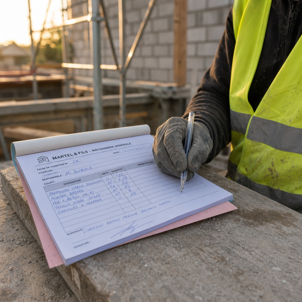 Fiche de chantier autocopiante
