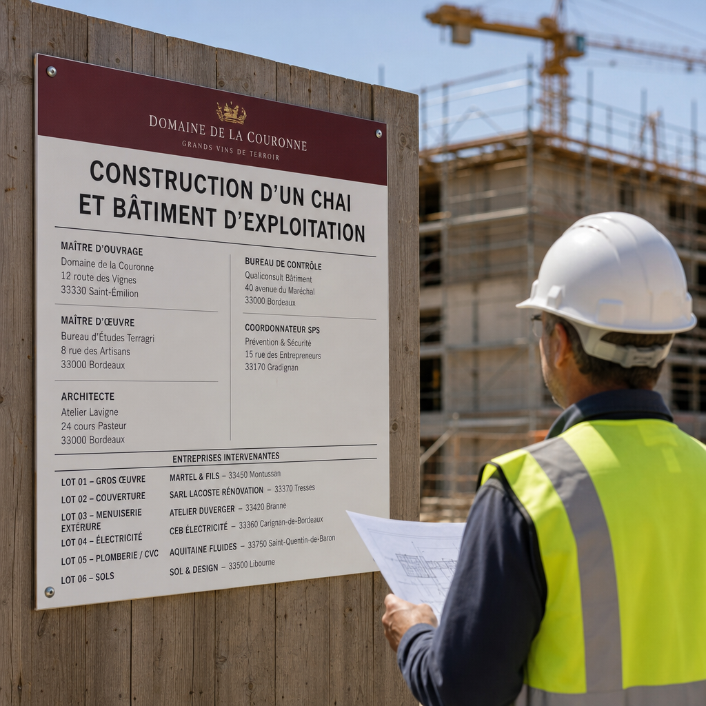 Panneau de chantier réglementaire (maître d'ouvrage et intervenants)