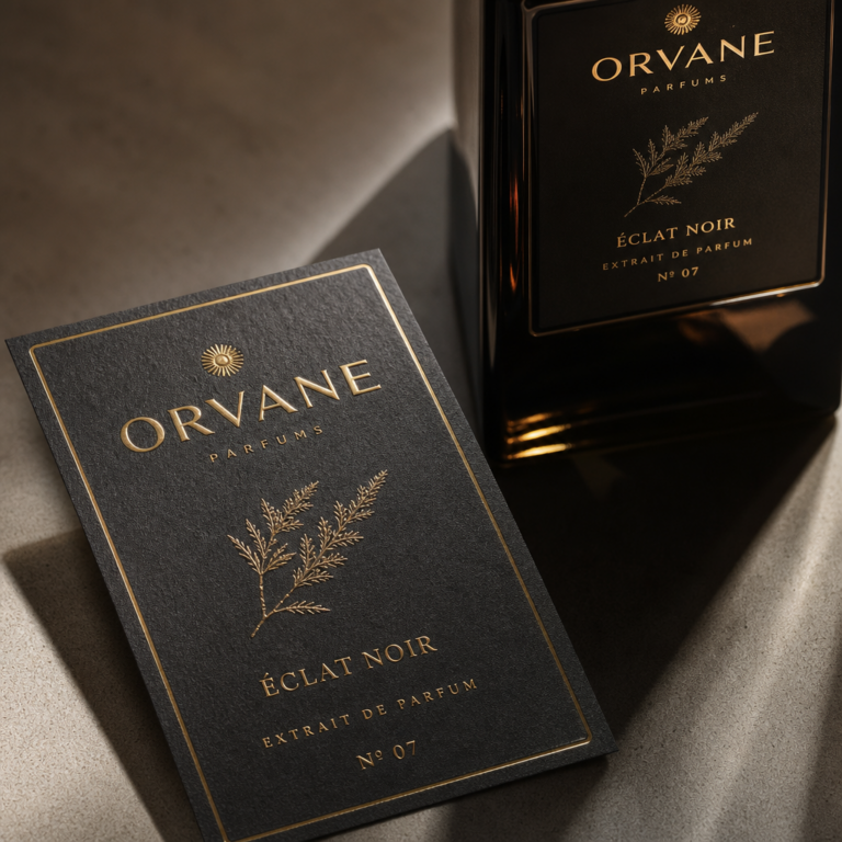 Étiquette parfum de luxe : dorure, gaufrage et papiers de création