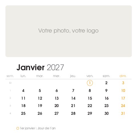 Aperçu de la grille calendaire 2027, Carré XL
