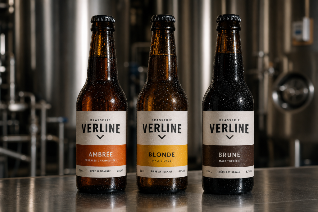 Étiquette bière artisanale personnalisée : condensation, verre brun et séries courtes