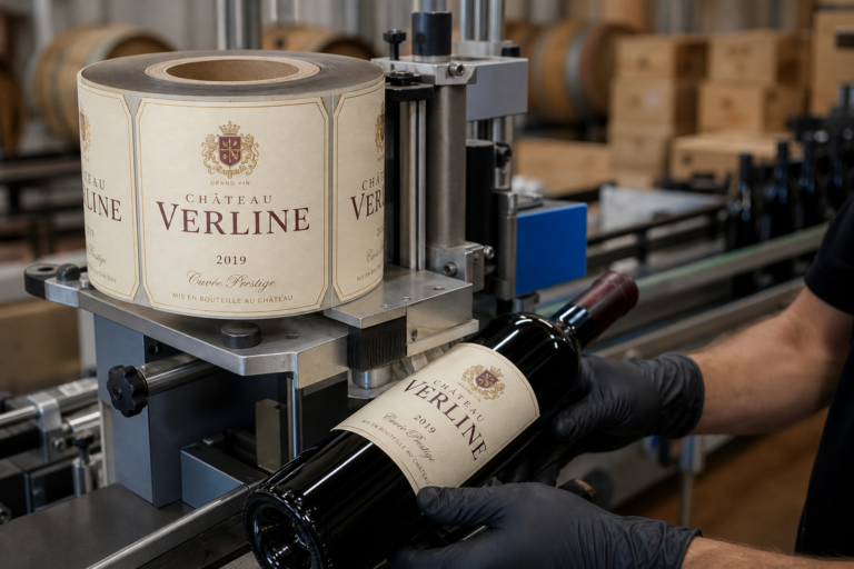 Étiquettes de vin en rouleau pour étiqueteuse : sens de déroulement, mandrin et laize