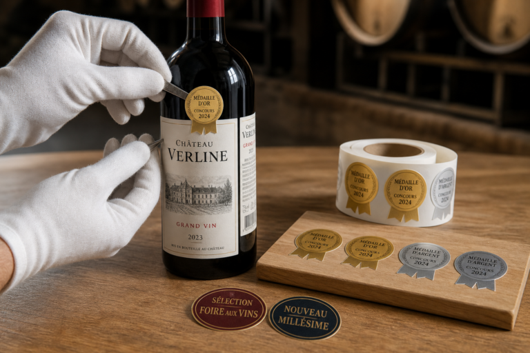 Foires aux vins : macaron médaille concours vin et stickers de mise en avant