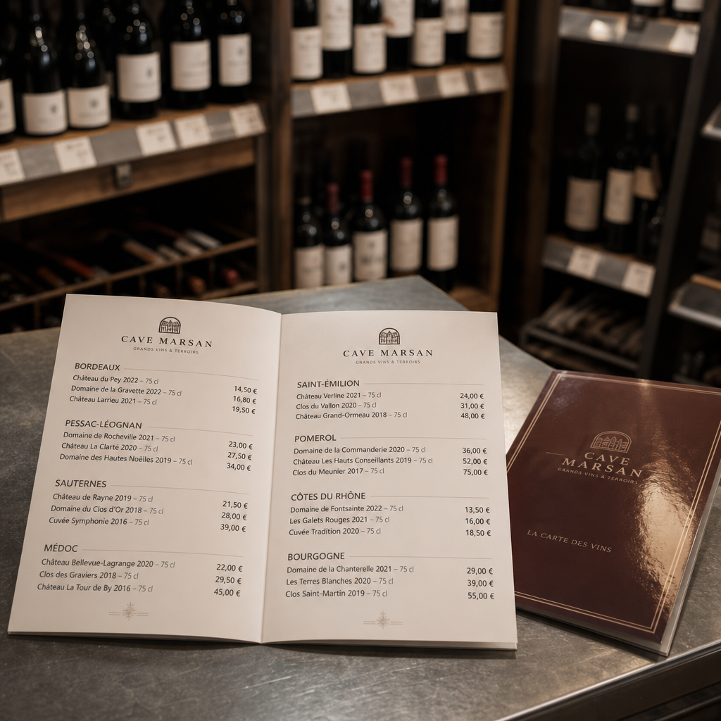 Carte des vins pour caviste et restaurant