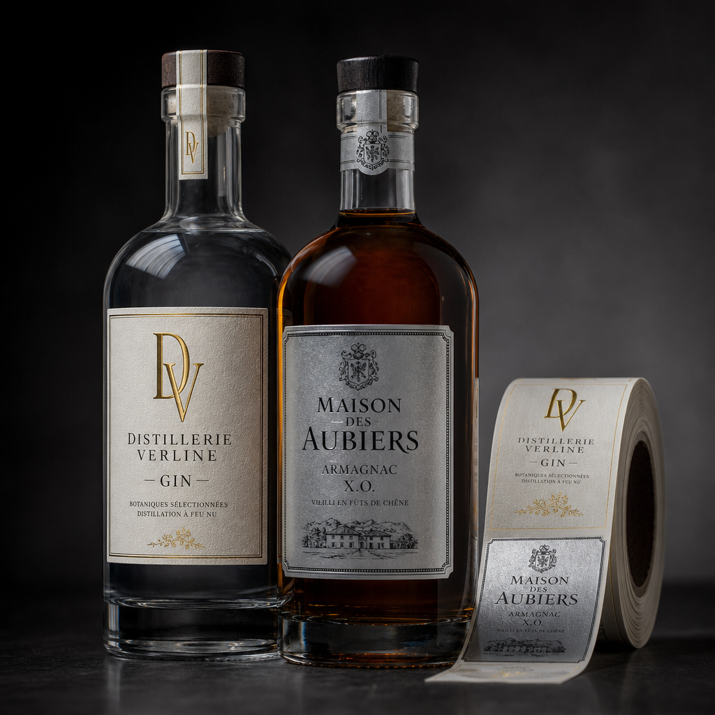 Étiquette de spiritueux (gin, rhum, cognac, armagnac)