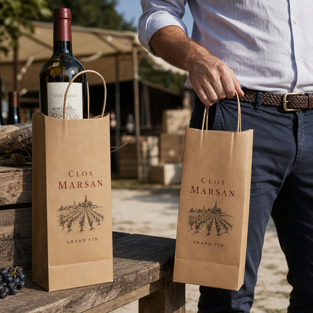 Sac kraft porte-bouteille à anses torsadées